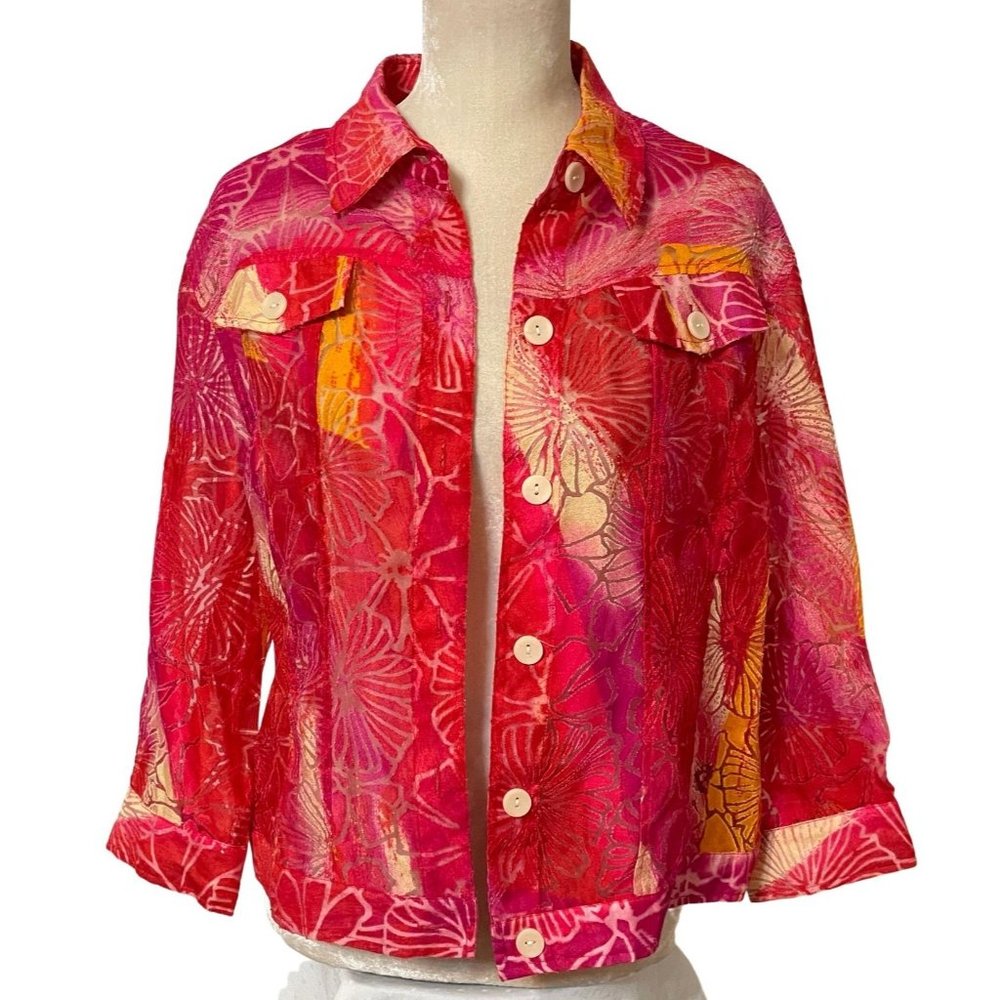 Linear Jacket Womens Large Pink Floral Button Front Collared